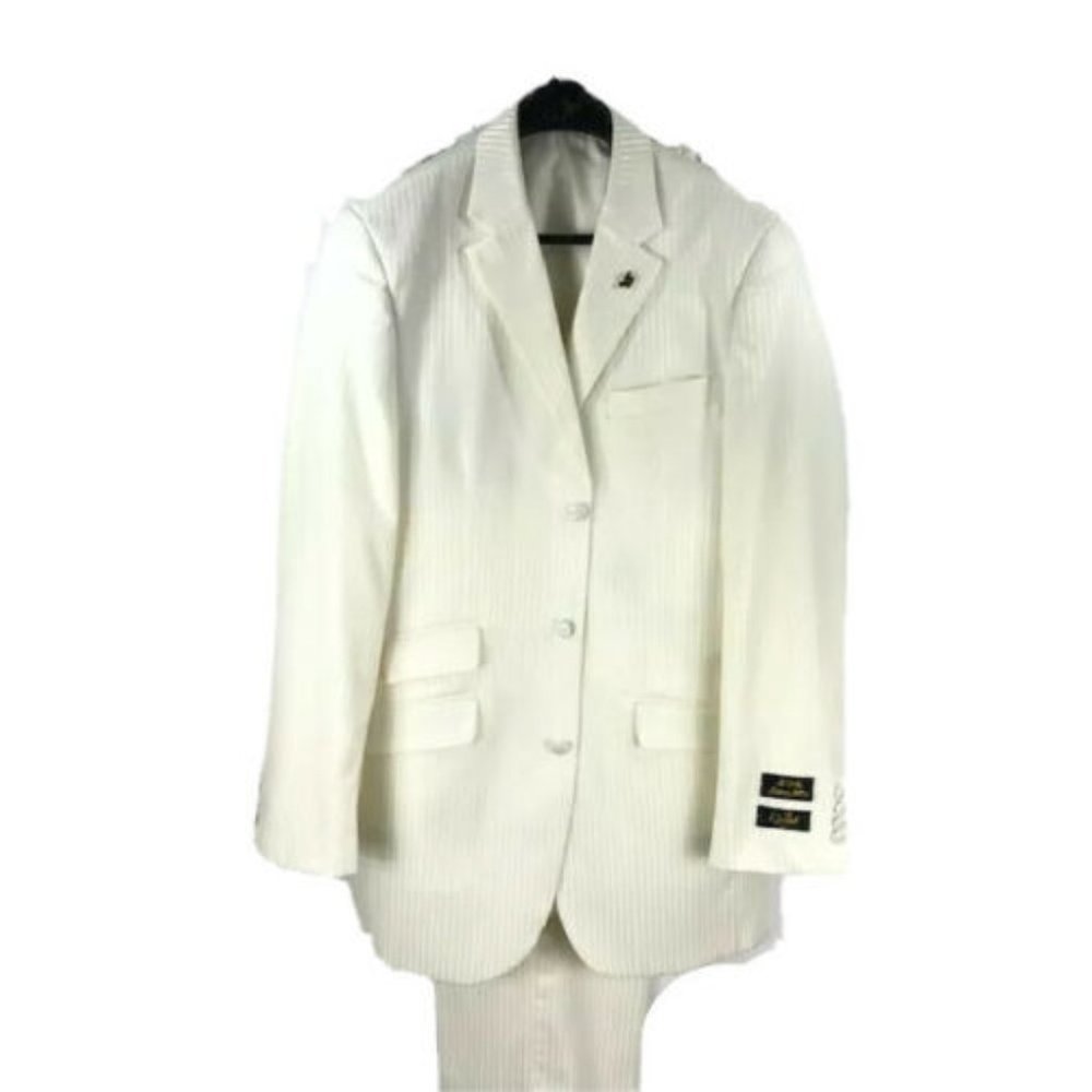 E.J. Samuel Men's White Looks Cream Suit 3 Piece Pleated Pant Pinstripe Size 38L